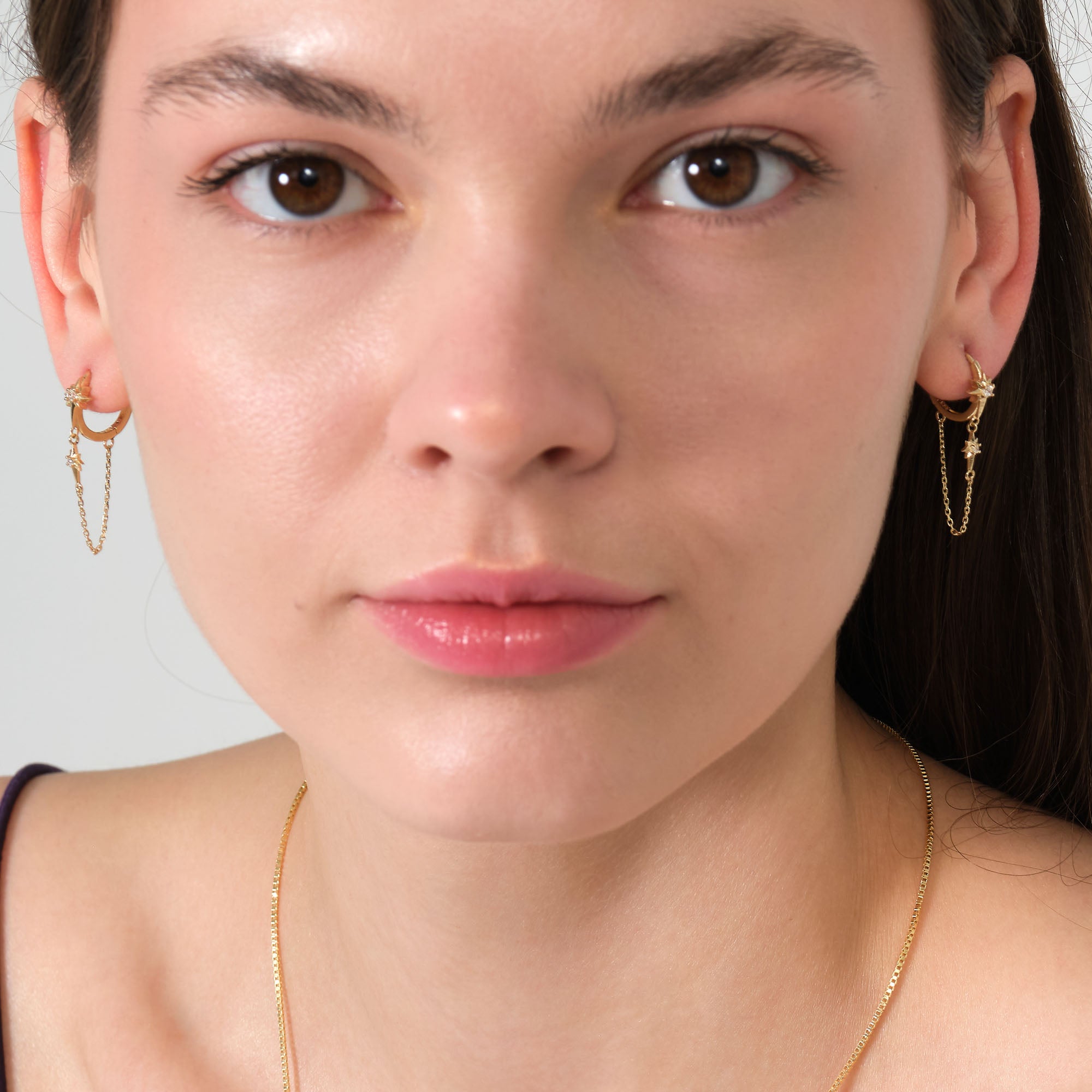 Kutup Yıldızı Zincirli Halka Altın Küpe 14 Ayar