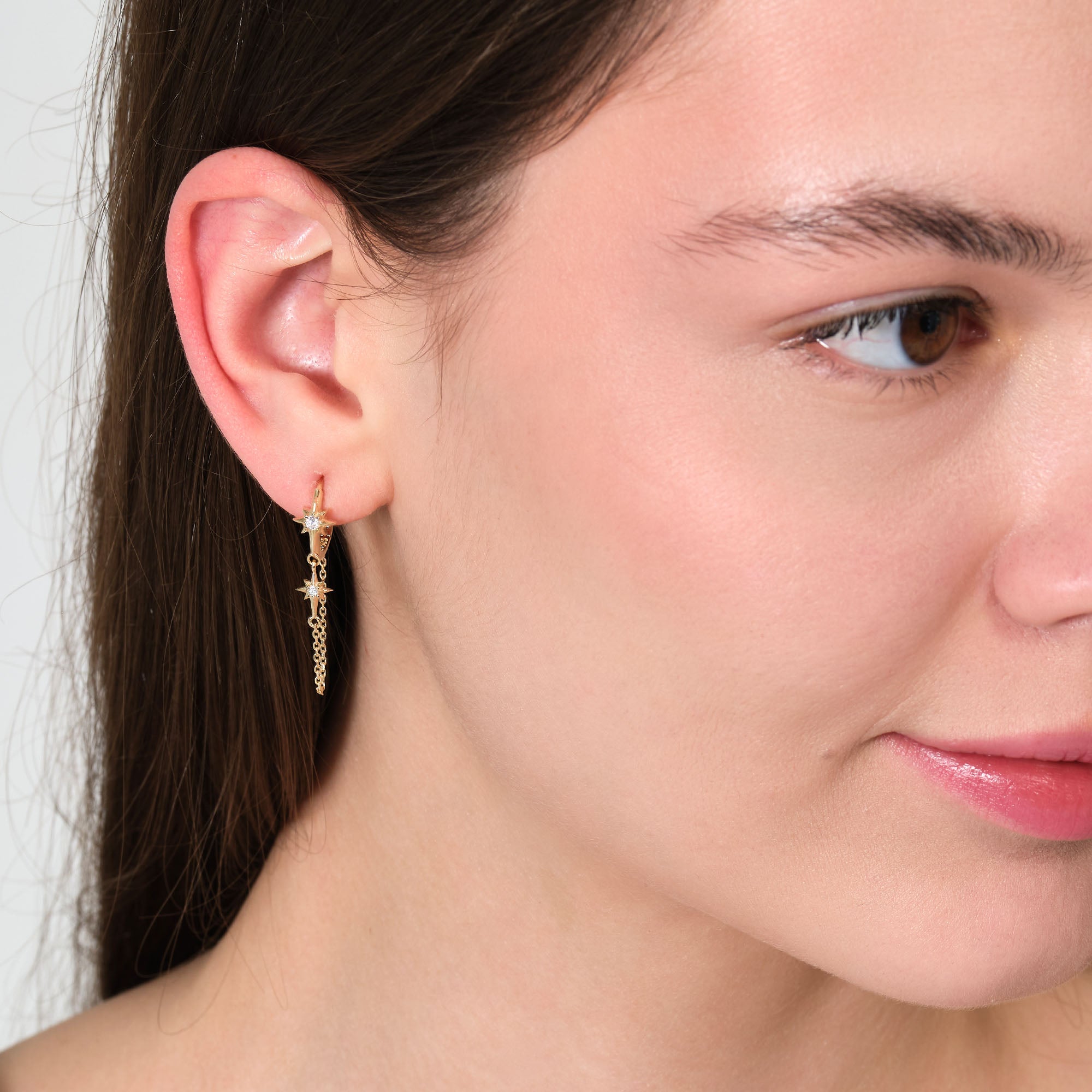 Kutup Yıldızı Zincirli Halka Altın Küpe 14 Ayar