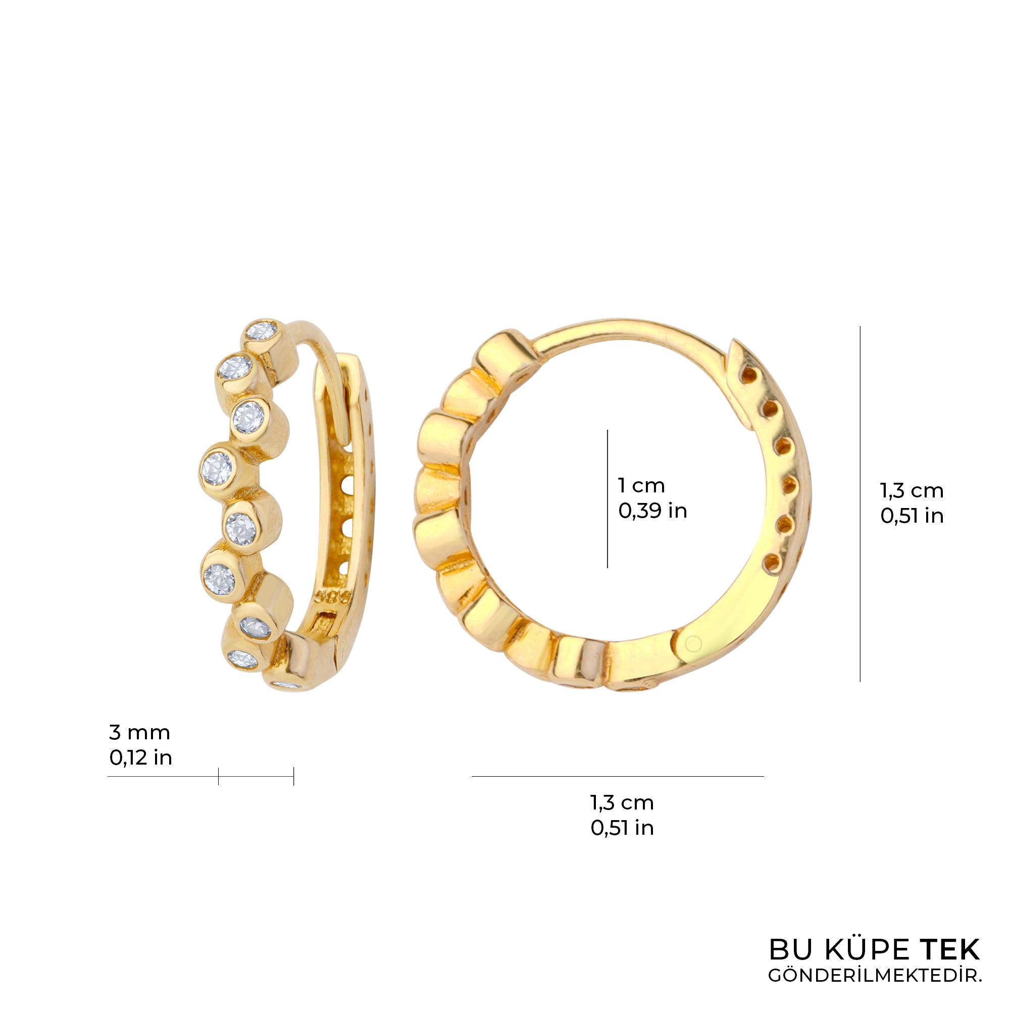 Asimetrik Taşlı Altın Halka Tek Küpe 14 Ayar