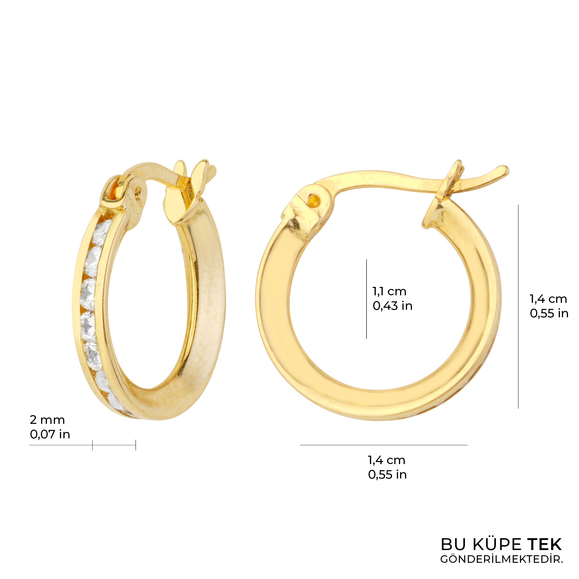 Taşlı Oluklu Halka Altın Tek Küpe 14 Ayar