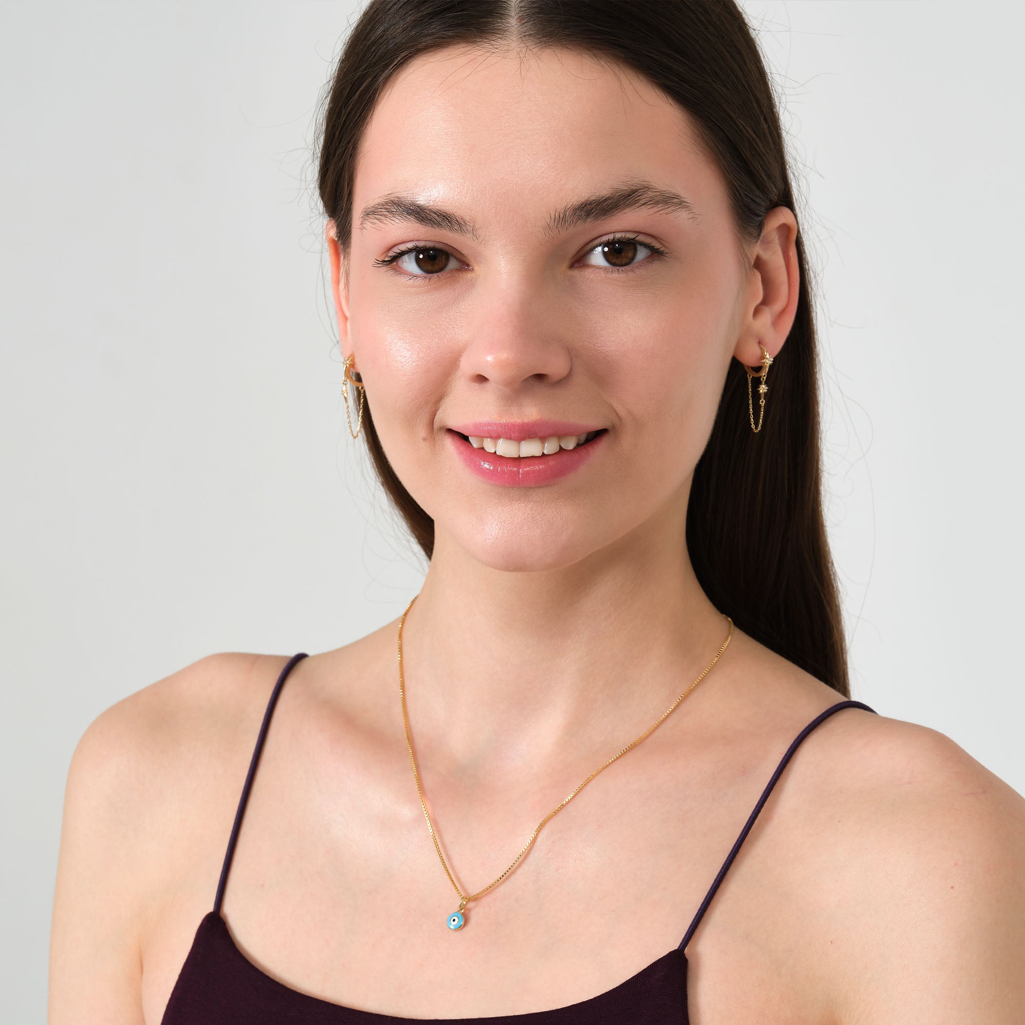 Yuvarlak Altın Nazar Boncuğu Kolye Ucu Çift Taraflı Mineli 14 Ayar