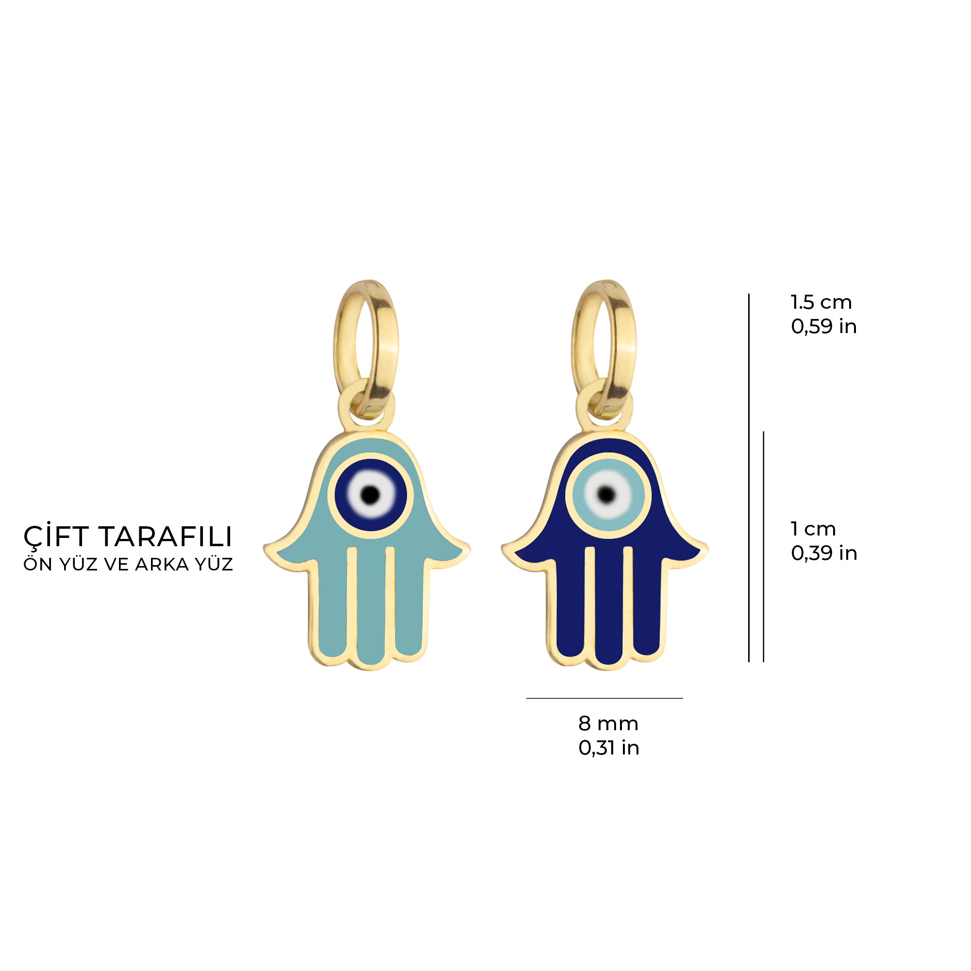 Altın Fatma Ana Eli Kolye Ucu Nazar Boncuğu Çift Taraflı Mineli 14 Ayar