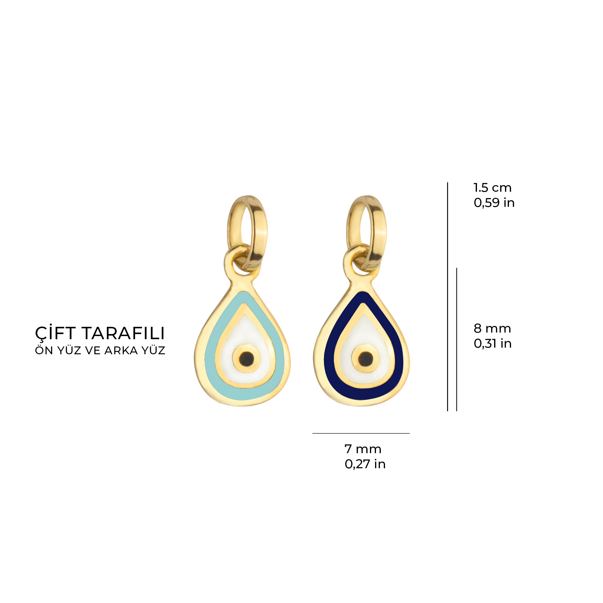 Damla Altın Nazar Boncuğu Kolye Ucu Çift Taraflı Mineli 14 Ayar