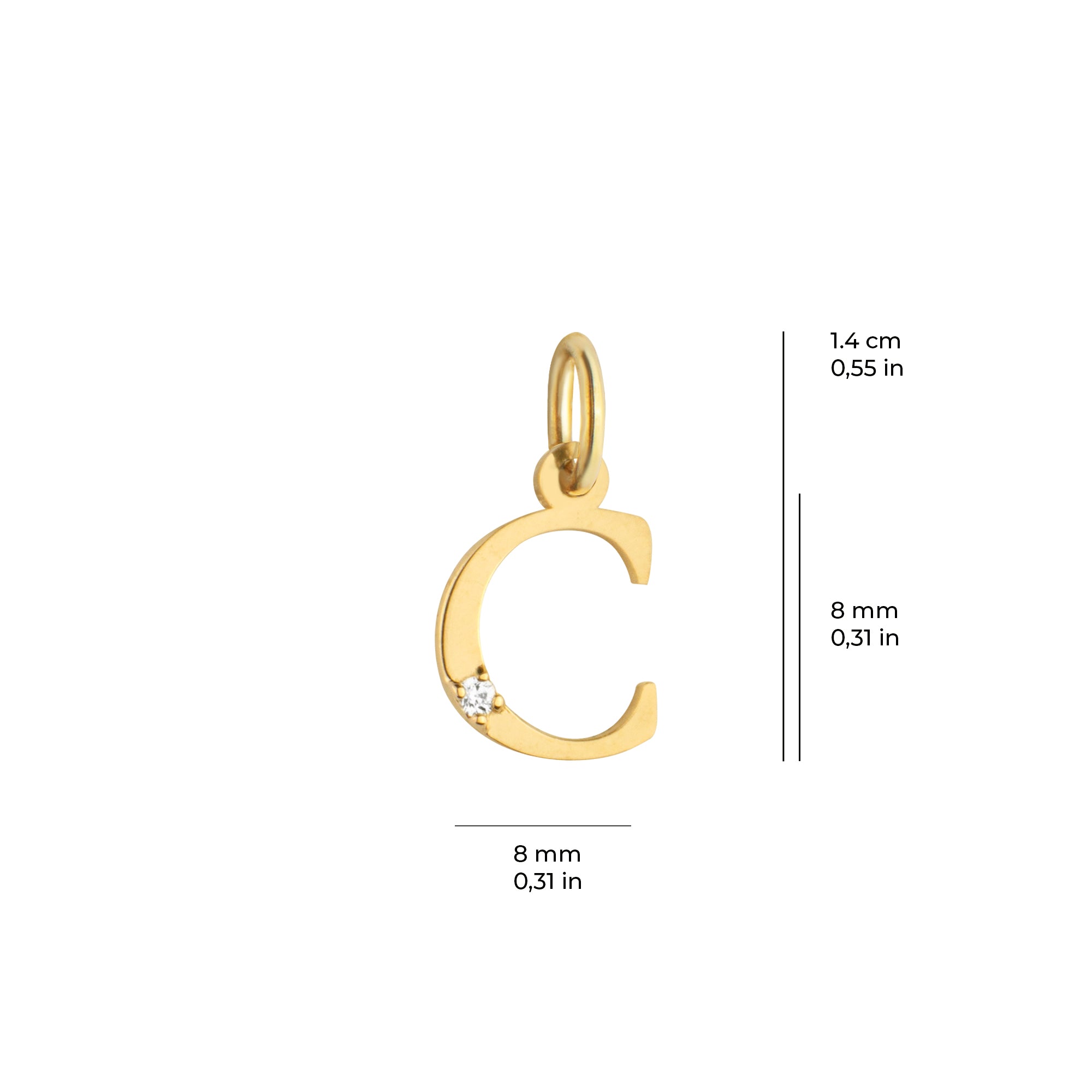 14 Ayar Altın Işıltılı Taşlı C Harfi Tasarım Kolye Ucu