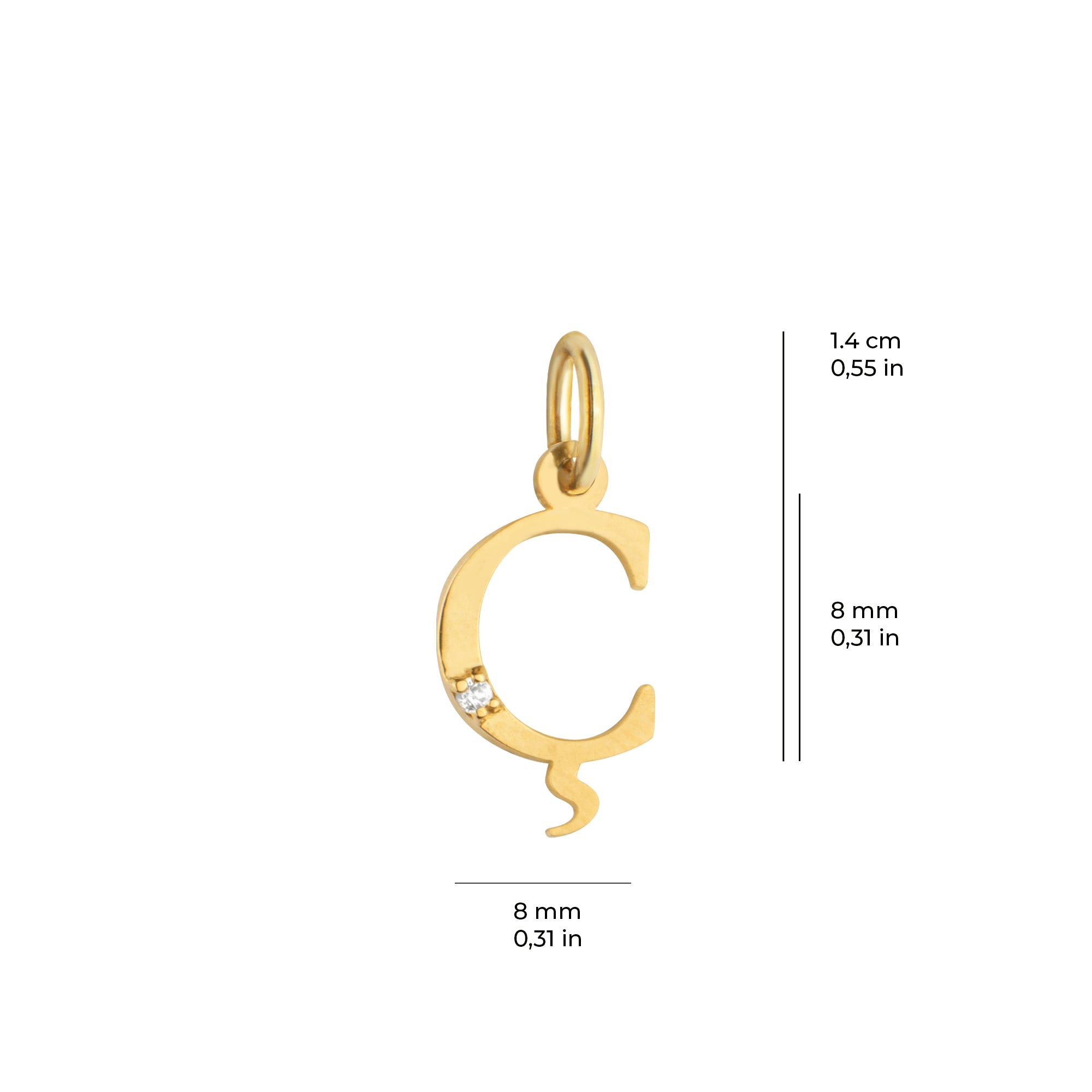 14 Ayar Altın Işıltılı Taşlı Ç Harfi Tasarım Kolye Ucu