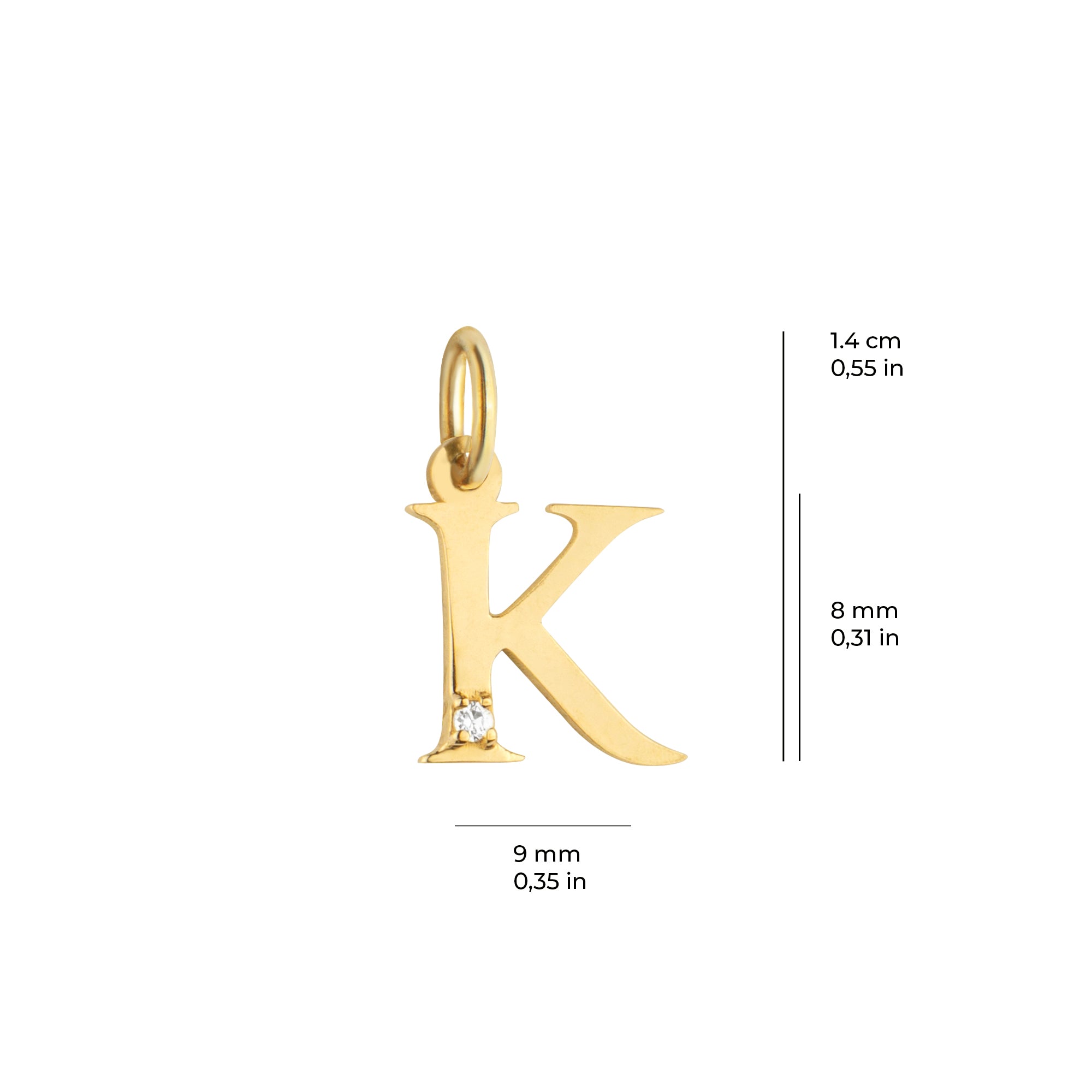 14 Ayar Altın Işıltılı Taşlı K Harfi Tasarım Kolye Ucu