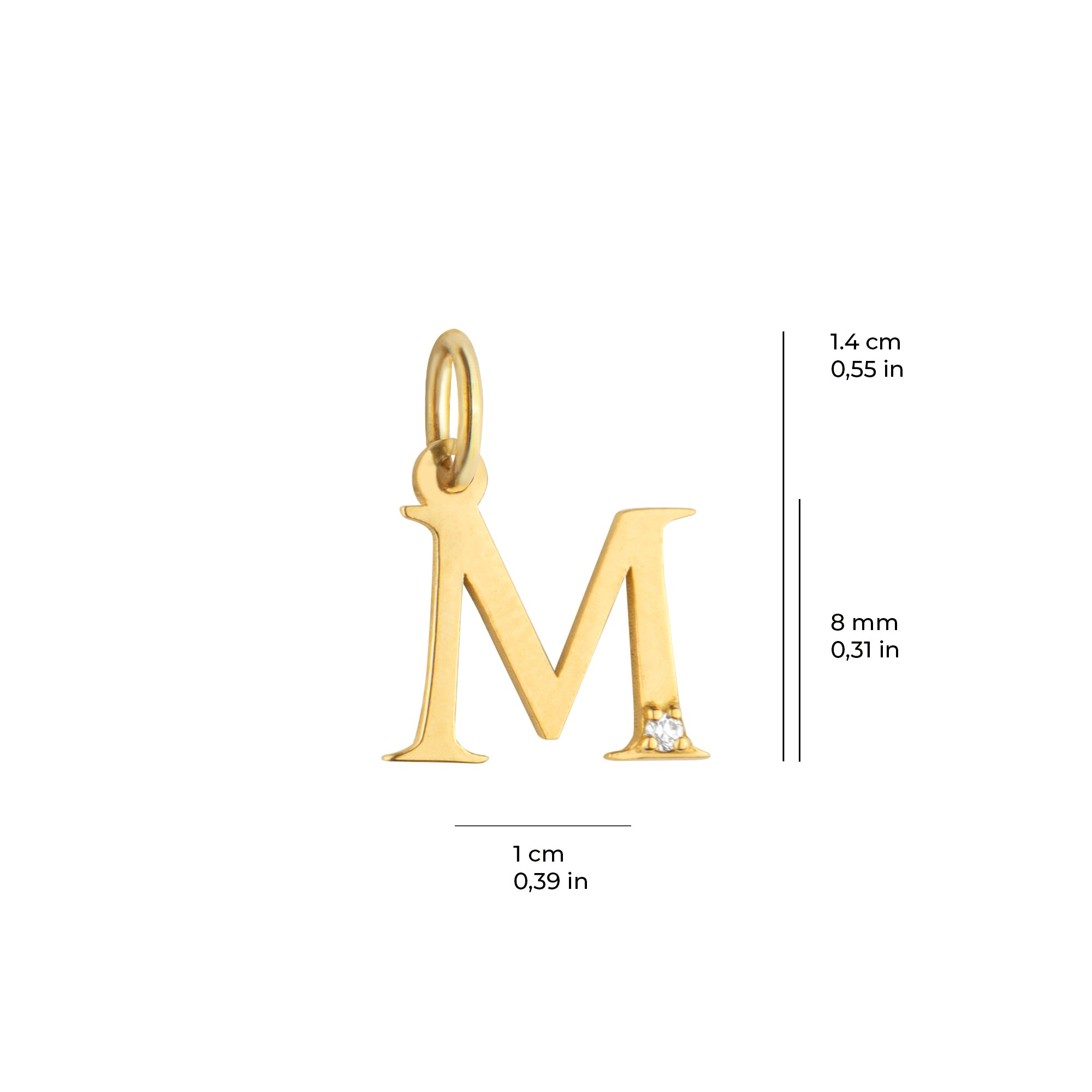 14 Ayar Altın Işıltılı Taşlı M Harfi Tasarım Kolye Ucu