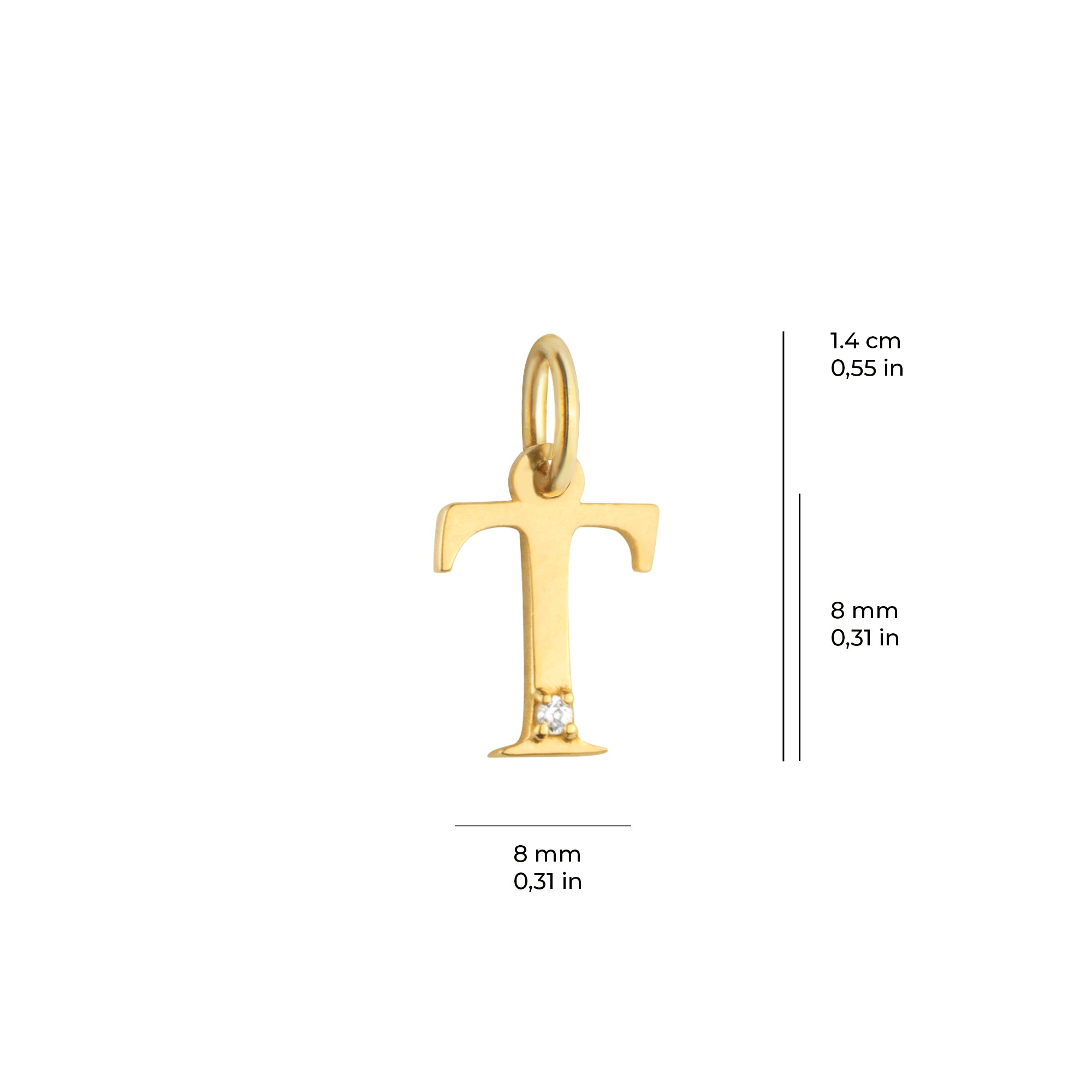 14 Ayar Altın Işıltılı Taşlı T Harfi Tasarım Kolye Ucu