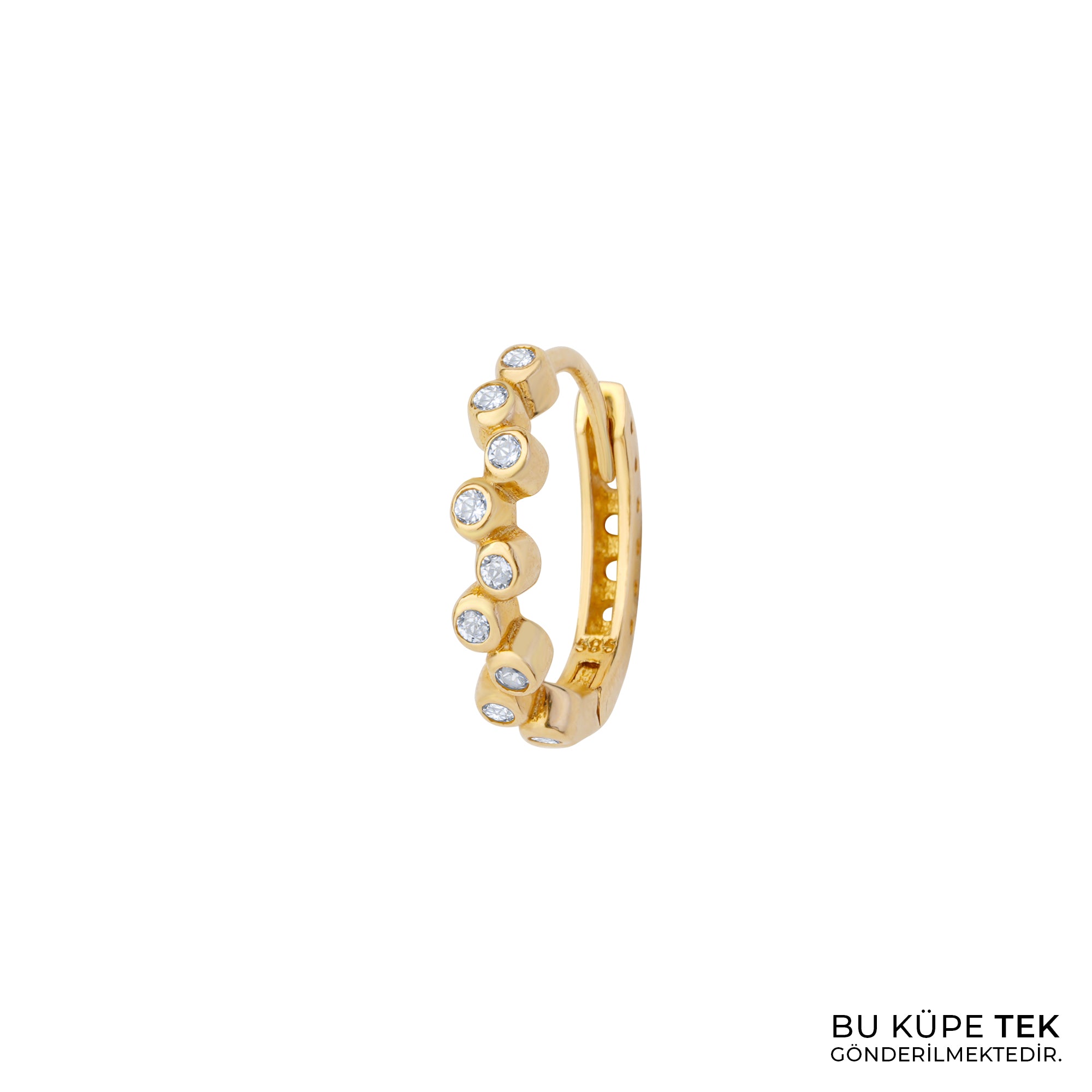 Asimetrik Taşlı Altın Halka Tek Küpe 14 Ayar