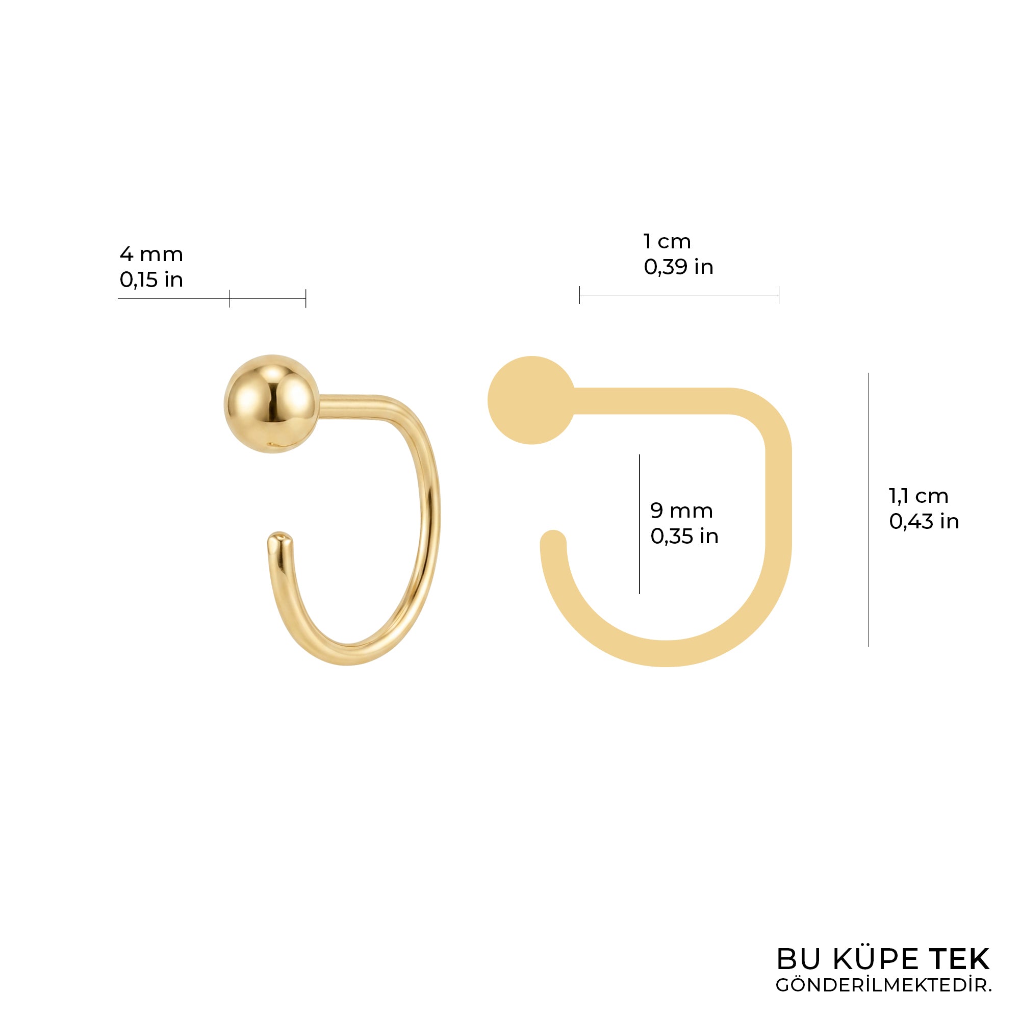 Top Kanca Halka Tek Altın Küpe 14 Ayar