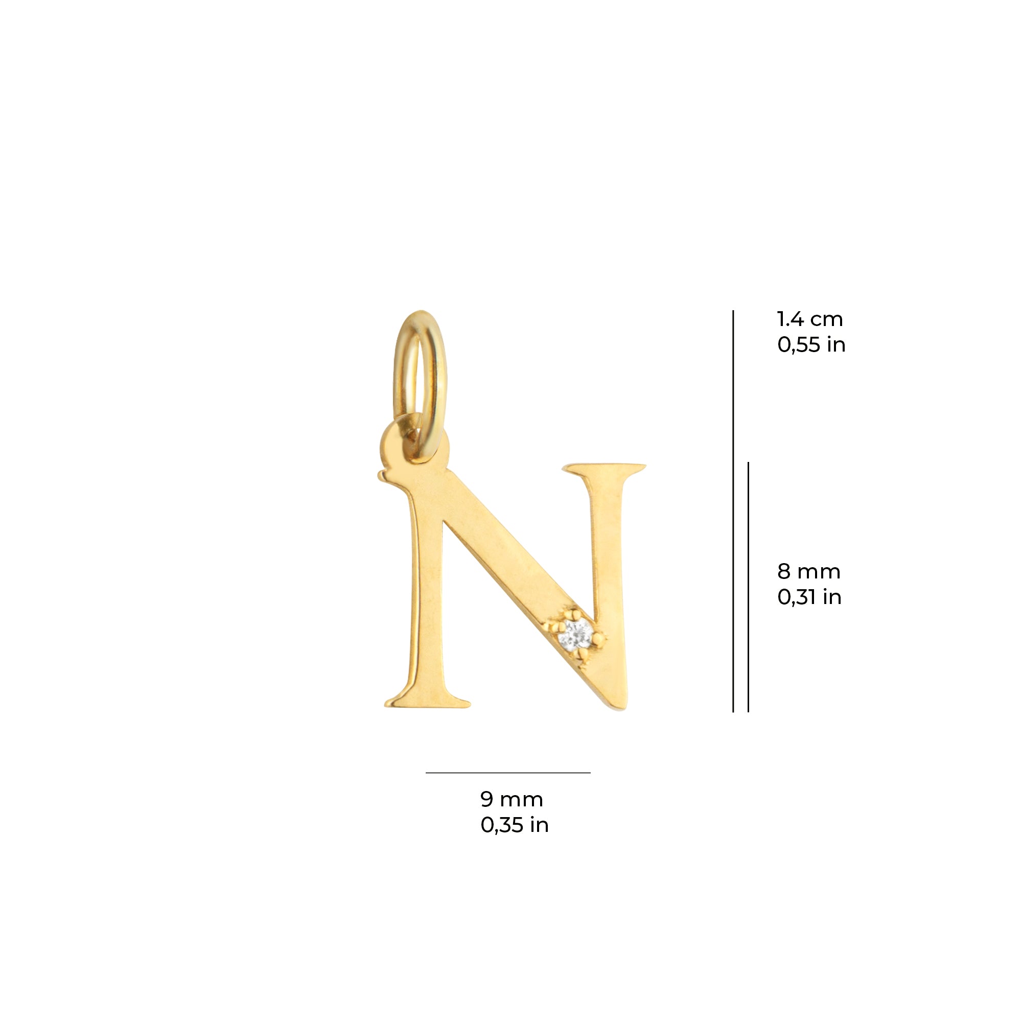 14 Ayar Altın Işıltılı Taşlı N Harfi Tasarım Kolye Ucu