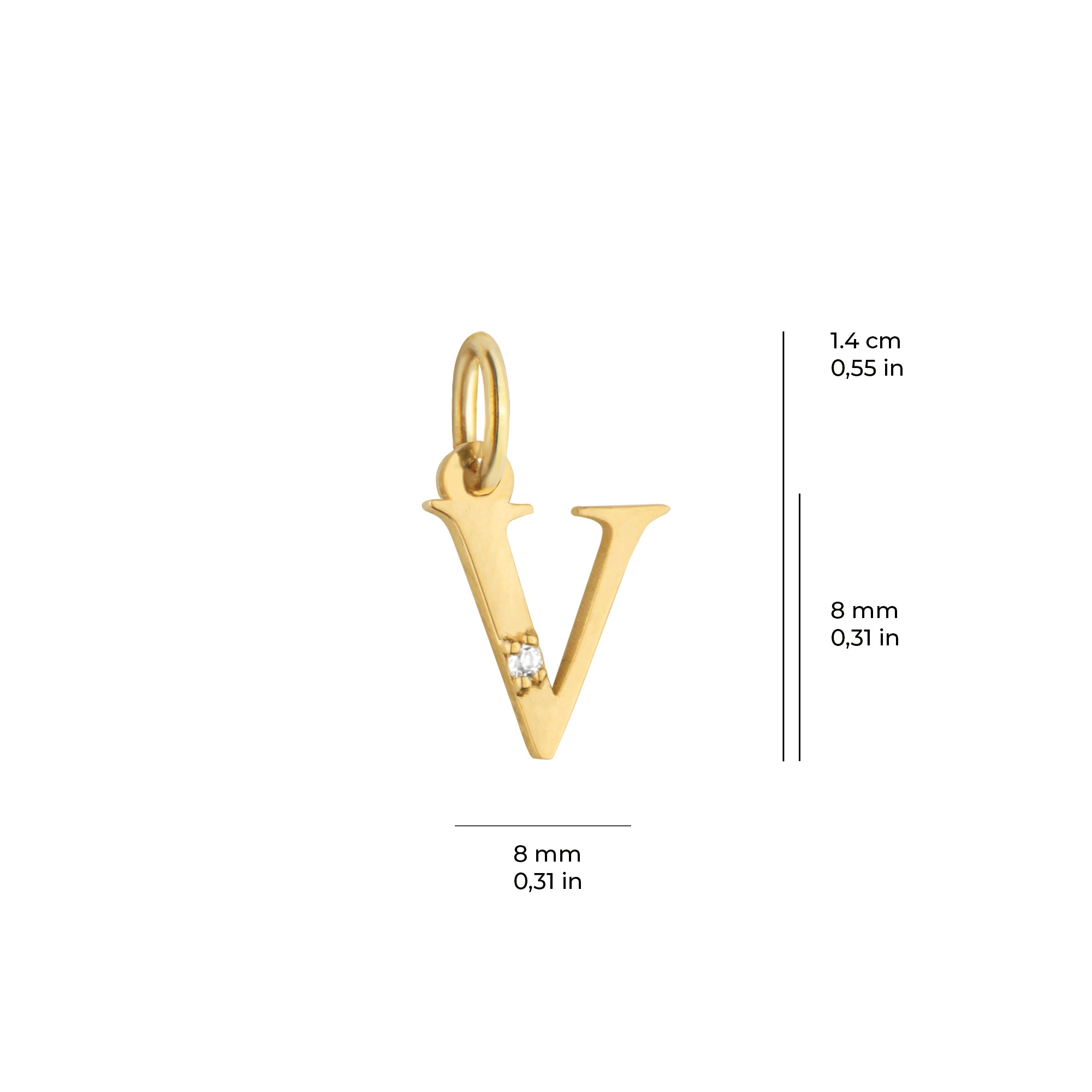 14 Ayar Altın Işıltılı Taşlı V Harfi Tasarım Kolye Ucu
